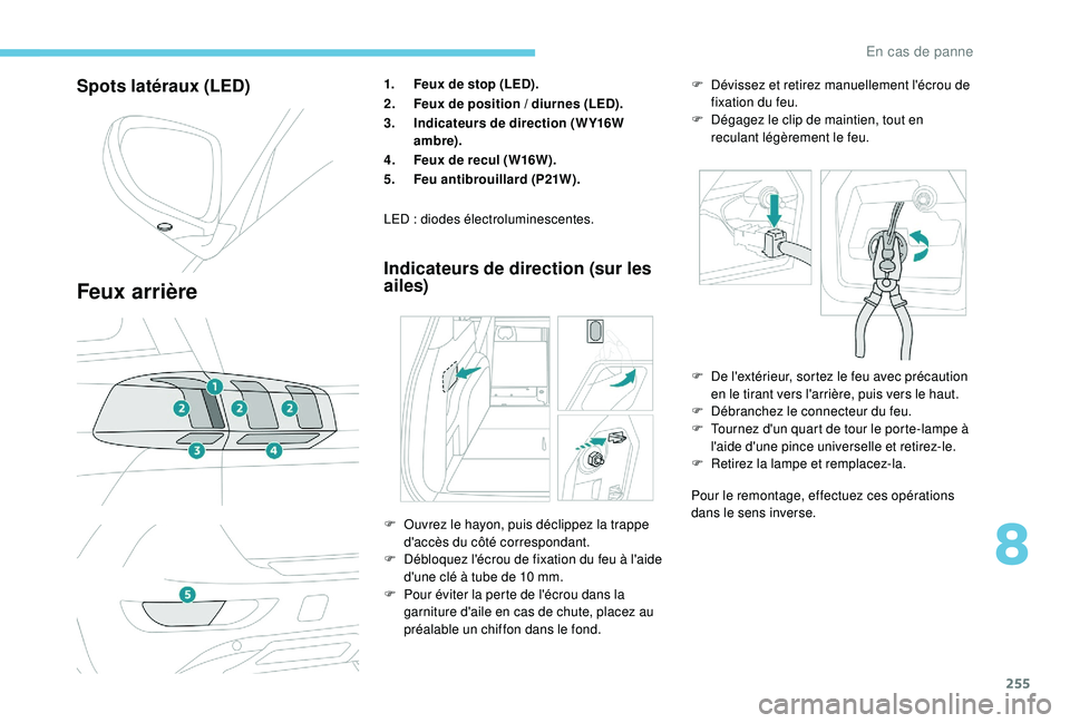 PEUGEOT 5008 2018  Manuel du propriétaire (in French) 255
Spots latéraux (LED)
Feux arrière
1.Feux de stop (LED).
2. Feux de position
  / diurnes (LED).
3. Indicateurs de direction (WY16W 
ambre).
4. Feux de recul (W16W).
5. Feu antibrouillard (P21W).
