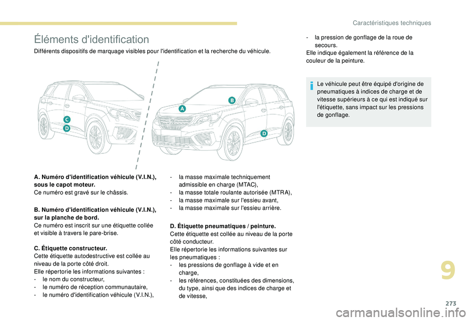 PEUGEOT 5008 2018  Manuel du propriétaire (in French) 273
Éléments d'identification
Différents dispositifs de marquage visibles pour l'identification et la recherche du véhicule.
A. Numéro d'identification véhicule (V.I.N.), 
sous le ca