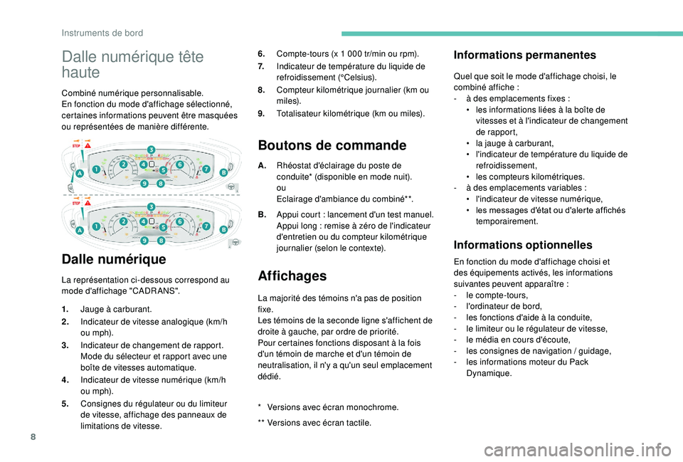 PEUGEOT 5008 2018  Manuel du propriétaire (in French) 8
Dalle numérique tête 
haute
Combiné numérique personnalisable.
En fonction du mode d'affichage sélectionné, 
certaines informations peuvent être masquées 
ou représentées de manière d