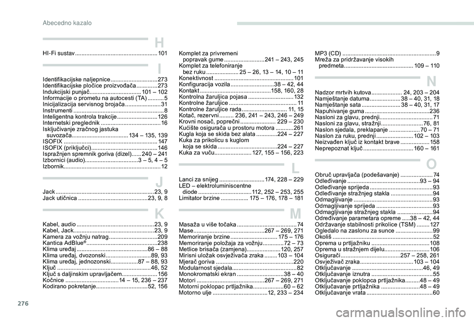 PEUGEOT 5008 2018  Upute Za Rukovanje (in Croatian) 276
Kabel, audio ................................................2 3, 9
Kabel, Jack .................................................. 23, 9
Kamera za vožnju natrag
  ..............................20