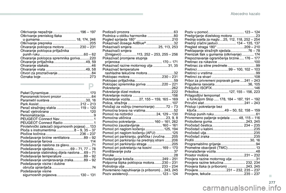 PEUGEOT 5008 2018  Upute Za Rukovanje (in Croatian) 277
Otkrivanje nepažnje ............................1 96   –   197
Otkrivanje preniskog tlaka  u
  gumama   ..................................... 18, 174, 246
Otkrivanje prepreka
 

...............