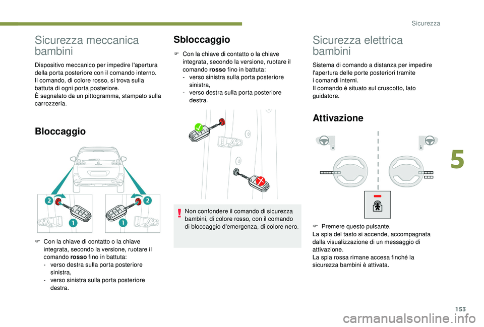 PEUGEOT 5008 2018 Manuale duso (in Italian) 153
Sicurezza meccanica
bambini
Dispositivo meccanico per impedire l'apertura
della porta posteriore con il comando interno.
Il comando, di colore rosso, si trova sulla
battuta di ogni porta po PEUGEOT 5008 2018 Manuale duso (in Italian) 153
Sicurezza meccanica
bambini
Dispositivo meccanico per impedire l'apertura
della porta posteriore con il comando interno.
Il comando, di colore rosso, si trova sulla
battuta di ogni porta po