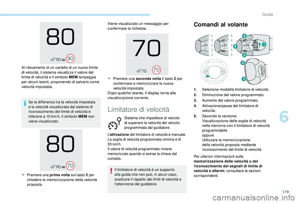 PEUGEOT 5008 2018 Manuale duso (in Italian) 179
Se la differenza tra la velocità impostata
e la velocità visualizzata dal sistema di
riconoscimento del limite di velocità è
inferiore a 10 km/h, il simbolo MEM non
viene visualizzato.
PEUGEOT 5008 2018 Manuale duso (in Italian) 179
Se la differenza tra la velocità impostata
e la velocità visualizzata dal sistema di
riconoscimento del limite di velocità è
inferiore a 10 km/h, il simbolo MEM non
viene visualizzato.