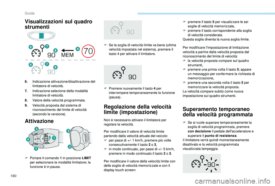 PEUGEOT 5008 2018 Manuale duso (in Italian) 180
Visualizzazioni sul quadro
strumentiAttivazione
F Se la soglia di velocità limite va bene (ultima velocità impostata nel sistema), premere il
tasto 4
per attivare il limitatore.
F
P
reme PEUGEOT 5008 2018 Manuale duso (in Italian) 180
Visualizzazioni sul quadro
strumentiAttivazione
F Se la soglia di velocità limite va bene (ultima velocità impostata nel sistema), premere il
tasto 4
per attivare il limitatore.
F
P
reme