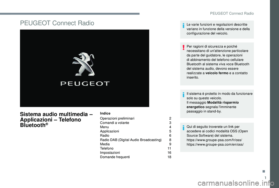 PEUGEOT 5008 2018 Manuale duso (in Italian) 1
PEUGEOT Connect Radio
Sistema audio multimedia –
Applicazioni – Telefono
Bluetooth
®
Indice
Operazioni preliminari
2
C
omandi a volante
3
M
enu
4
A
pplicazioni
5
R
adio
PEUGEOT 5008 2018 Manuale duso (in Italian) 1
PEUGEOT Connect Radio
Sistema audio multimedia –
Applicazioni – Telefono
Bluetooth
®
Indice
Operazioni preliminari
2
C
omandi a volante
3
M
enu
4
A
pplicazioni
5
R
adio