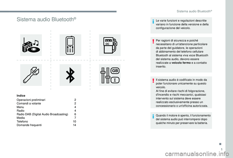 PEUGEOT 5008 2018  Manuale duso (in Italian) 1
Sistema audio Bluetooth®
Indice
Operazioni preliminari  
2
C

omandi a   volante   
2
M

enu   
4
R

adio   
4
R

adio DAB (Digital Audio Broadcasting)   
6
M

edia   
7
T

elefono   
1
 0
Domande 