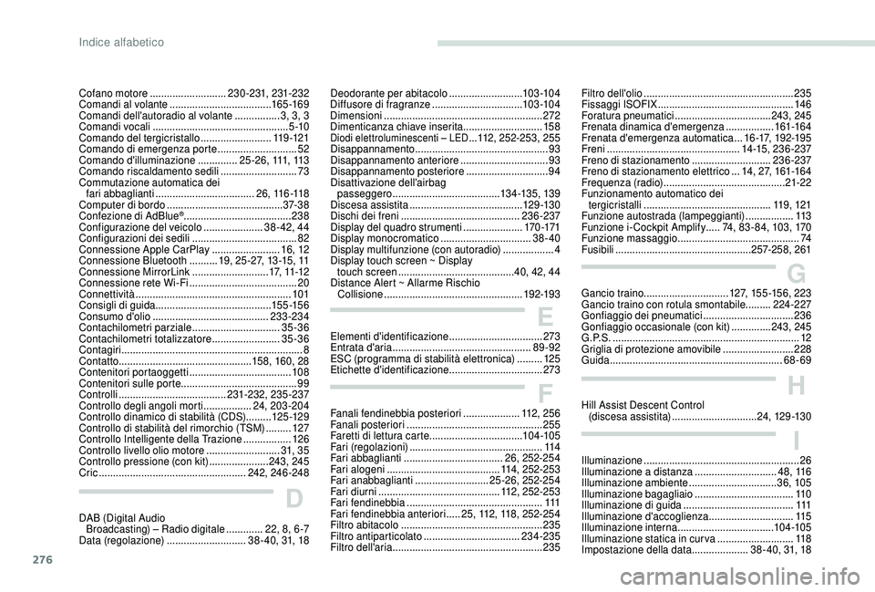 PEUGEOT 5008 2018  Manuale duso (in Italian) 276
Cofano motore ........................... 230-231, 231-232
Comandi al volante  .................................... 165 -169
Comandi dell'autoradio al volante
 

................3, 3, 3
Comand