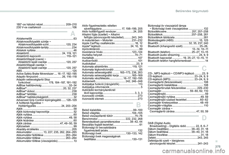 PEUGEOT 5008 2018  Kezelési útmutató (in Hungarian) 275
Ablakemelők ....................................................... 63
Ablakmosófolyadék szintje ~  Ablakmosófolyadék-szint
 ....................... 1

20, 234
Ablakmosófolyadék-tartály
 .
