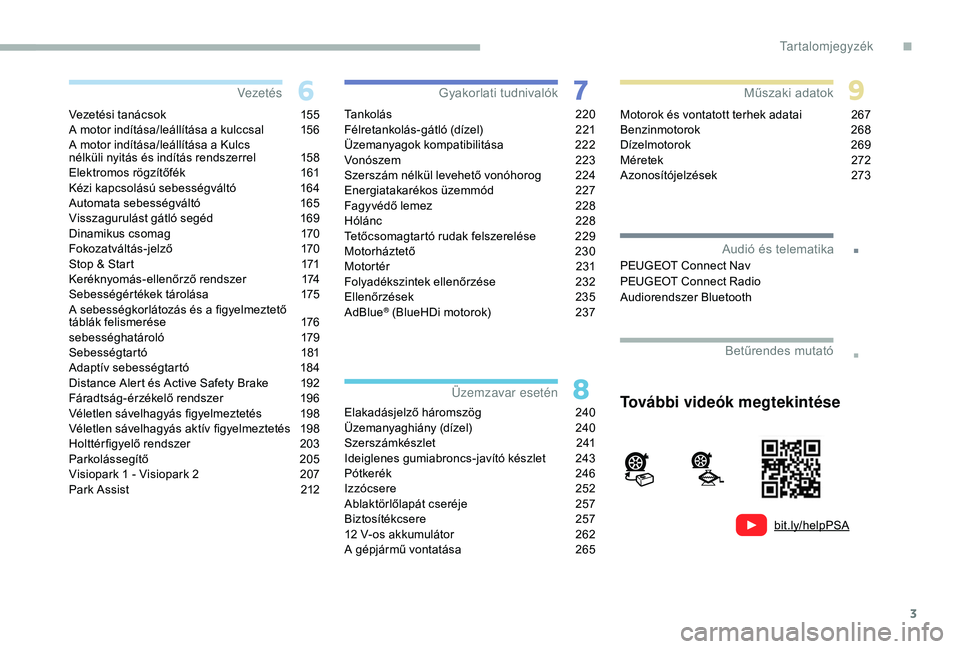 PEUGEOT 5008 2018  Kezelési útmutató (in Hungarian) 3
.
bit.ly/helpPSA
.
Vezetési tanácsok 155
A motor indítása/leállítása a   kulccsal  1 56
A motor indítása/leállítása a
  Kulcs  
nélküli nyitás és indítás rendszerrel
 
1
 58
Elektr