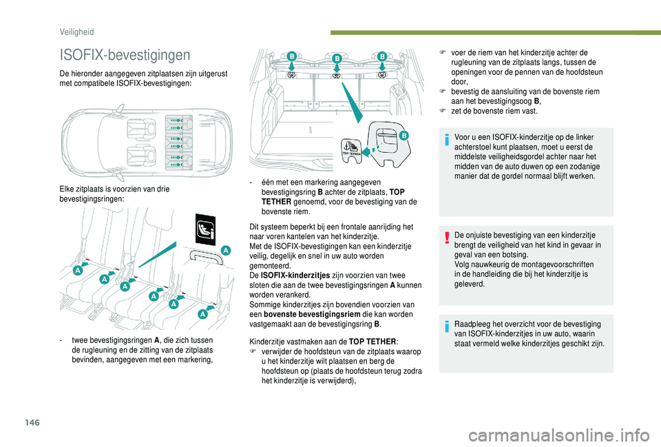 PEUGEOT 5008 2018 Instructieboekje (in Dutch) 146
ISOFIX-bevestigingen
De hieronder aangegeven zitplaatsen zijn uitgerust
met compatibele ISOFIX-bevestigingen:
Elke zitplaats is voorzien van drie
bevestigingsringen:Dit systeem beperkt bij een f PEUGEOT 5008 2018 Instructieboekje (in Dutch) 146
ISOFIX-bevestigingen
De hieronder aangegeven zitplaatsen zijn uitgerust
met compatibele ISOFIX-bevestigingen:
Elke zitplaats is voorzien van drie
bevestigingsringen:Dit systeem beperkt bij een f