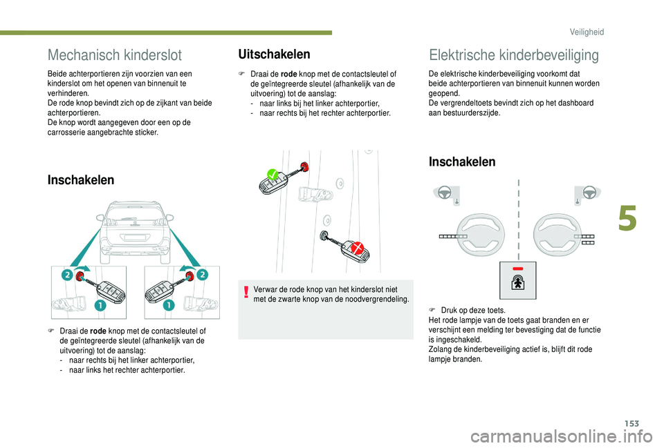 PEUGEOT 5008 2018 Instructieboekje (in Dutch) 153
Mechanisch kinderslot
Beide achterportieren zijn voorzien van een
kinderslot om het openen van binnenuit te
verhinderen.
De rode knop bevindt zich op de zijkant van beide
achterportieren.
De kn PEUGEOT 5008 2018 Instructieboekje (in Dutch) 153
Mechanisch kinderslot
Beide achterportieren zijn voorzien van een
kinderslot om het openen van binnenuit te
verhinderen.
De rode knop bevindt zich op de zijkant van beide
achterportieren.
De kn