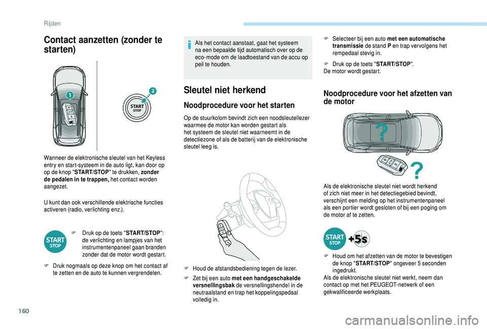 PEUGEOT 5008 2018 Instructieboekje (in Dutch) 160
Contact aanzetten (zonder te
star ten)
U kunt dan ook verschillende elektrische functies
activeren (radio, verlichting enz.).F
D
ruk op de toets "START/STOP":
de verlichting en lampj PEUGEOT 5008 2018 Instructieboekje (in Dutch) 160
Contact aanzetten (zonder te
star ten)
U kunt dan ook verschillende elektrische functies
activeren (radio, verlichting enz.).F
D
ruk op de toets "START/STOP":
de verlichting en lampj