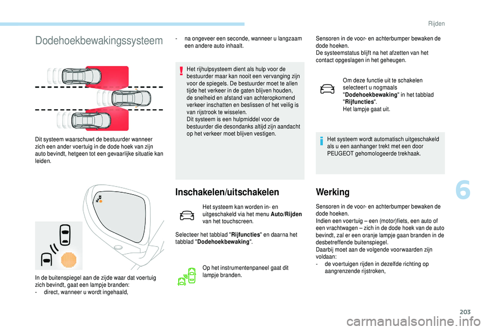 PEUGEOT 5008 2018 Instructieboekje (in Dutch) 203
Dodehoekbewakingssysteem
Het rijhulpsysteem dient als hulp voor de
bestuurder maar kan nooit een ver vanging zijn
voor de spiegels. De bestuurder moet te allen
tijde het verkeer in de gaten bl PEUGEOT 5008 2018 Instructieboekje (in Dutch) 203
Dodehoekbewakingssysteem
Het rijhulpsysteem dient als hulp voor de
bestuurder maar kan nooit een ver vanging zijn
voor de spiegels. De bestuurder moet te allen
tijde het verkeer in de gaten bl
