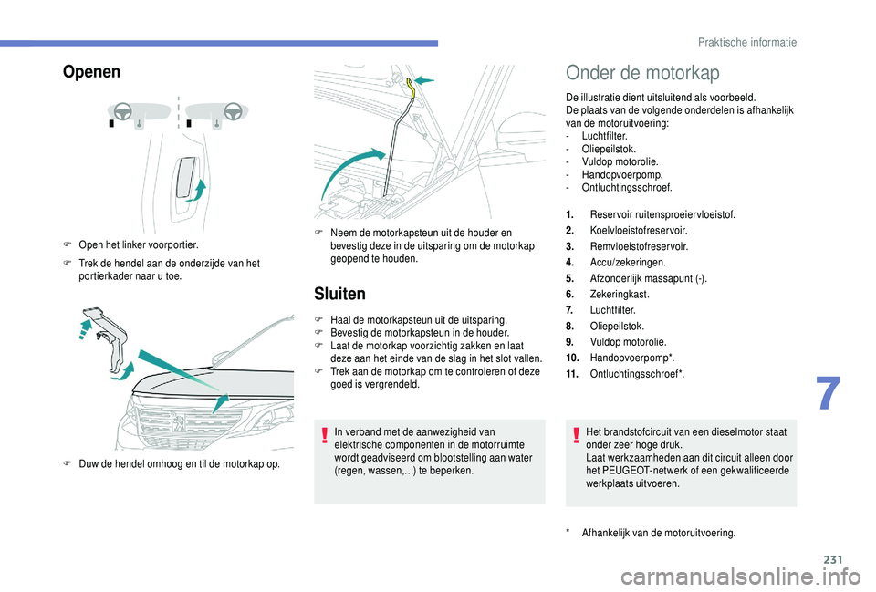 PEUGEOT 5008 2018 Instructieboekje (in Dutch) 231
Openen
F Open het linker voorportier.
F
T
rek de hendel aan de onderzijde van het
portierkader naar u
toe.
F
D
uw de hendel omhoog en til de motorkap op. F
N eem de motorkapsteun uit de PEUGEOT 5008 2018 Instructieboekje (in Dutch) 231
Openen
F Open het linker voorportier.
F
T
rek de hendel aan de onderzijde van het
portierkader naar u
toe.
F
D
uw de hendel omhoog en til de motorkap op. F
N eem de motorkapsteun uit de