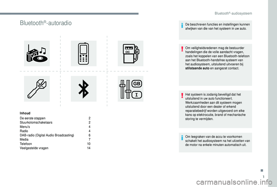 PEUGEOT 5008 2018 Instructieboekje (in Dutch) 1
Bluetooth®-autoradio
Inhoud
De eerste stappen
2
St
uurkolomschakelaars
2
M
enu's
4
R
adio
4
D
AB-radio (Digital Audio Broadcasting)
6
M
edia
7
T
elefoon
1
0
Veelgeste PEUGEOT 5008 2018 Instructieboekje (in Dutch) 1
Bluetooth®-autoradio
Inhoud
De eerste stappen
2
St
uurkolomschakelaars
2
M
enu's
4
R
adio
4
D
AB-radio (Digital Audio Broadcasting)
6
M
edia
7
T
elefoon
1
0
Veelgeste