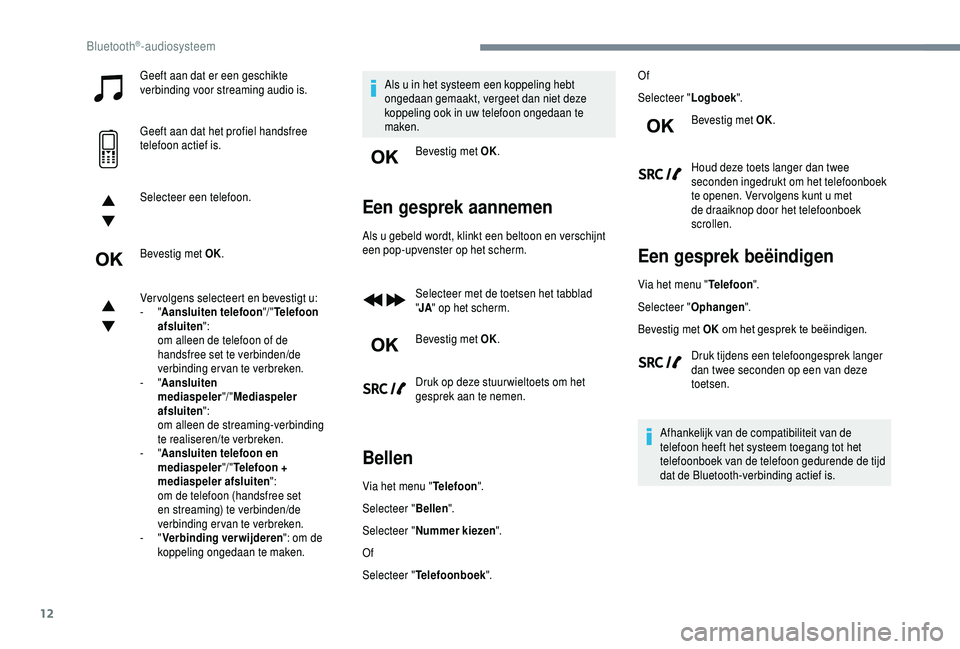 PEUGEOT 5008 2018 Instructieboekje (in Dutch) 12
Geeft aan dat er een geschikte
verbinding voor streaming audio is.
Geeft aan dat het profiel handsfree
telefoon actief is.
Selecteer een telefoon.
Bevestig met OK.
Vervolgens selecteert en bevest PEUGEOT 5008 2018 Instructieboekje (in Dutch) 12
Geeft aan dat er een geschikte
verbinding voor streaming audio is.
Geeft aan dat het profiel handsfree
telefoon actief is.
Selecteer een telefoon.
Bevestig met OK.
Vervolgens selecteert en bevest
