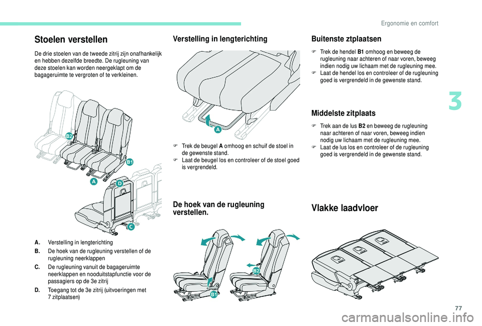 PEUGEOT 5008 2018 Instructieboekje (in Dutch) 77
Stoelen verstellen
De drie stoelen van de tweede zitrij zijn onafhankelijk
en hebben dezelfde breedte. De rugleuning van
deze stoelen kan worden neergeklapt om de
bagageruimte te vergroten of te PEUGEOT 5008 2018 Instructieboekje (in Dutch) 77
Stoelen verstellen
De drie stoelen van de tweede zitrij zijn onafhankelijk
en hebben dezelfde breedte. De rugleuning van
deze stoelen kan worden neergeklapt om de
bagageruimte te vergroten of te