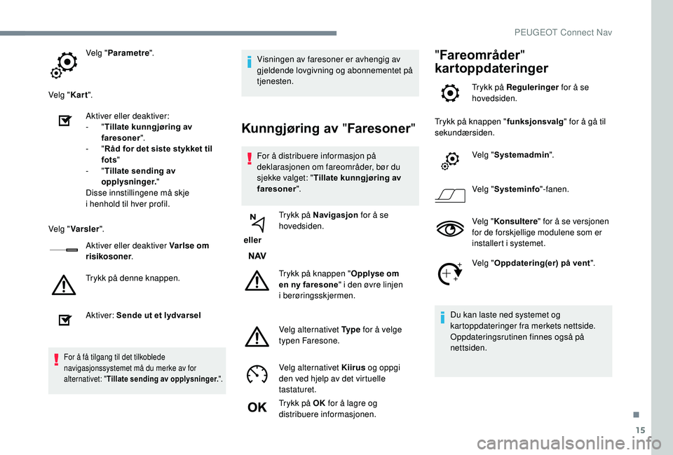 PEUGEOT 5008 2018 Instruksjoner for bruk (in Norwegian) 15
Velg "Parametre ".
Velg " Kart".
Aktiver eller deaktiver:
-
"Tillate kunngjøring av
faresoner ".
-
"Råd for det siste stykket til
fots "
-
"Tillate sen PEUGEOT 5008 2018 Instruksjoner for bruk (in Norwegian) 15
Velg "Parametre ".
Velg " Kart".
Aktiver eller deaktiver:
-
"Tillate kunngjøring av
faresoner ".
-
"Råd for det siste stykket til
fots "
-
"Tillate sen