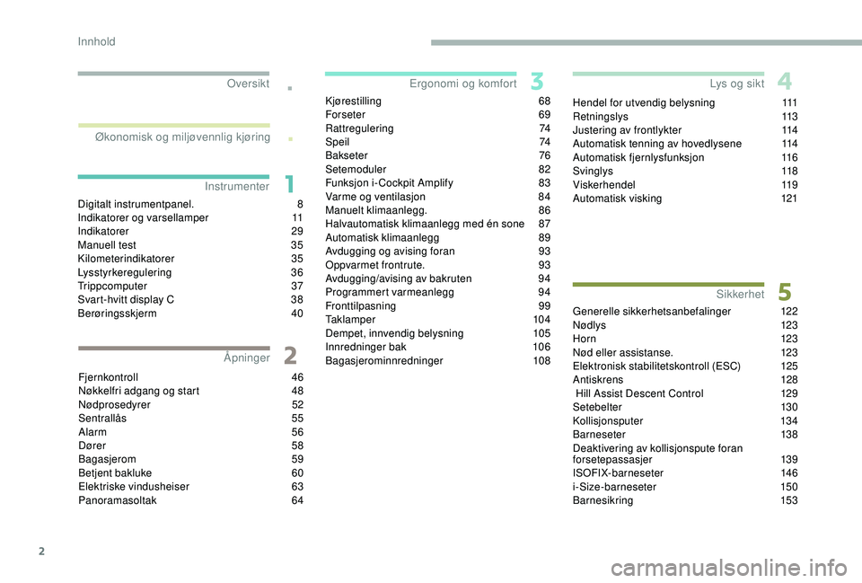 PEUGEOT 5008 2018  Instruksjoner for bruk (in Norwegian) 2
.
.
Digitalt instrumentpanel. 8
I ndikatorer og varsellamper 1 1
Indikatorer
 

29
Manuell test
 
3
 5
Kilometerindikatorer
 3

5
Lysstyrkeregulering
 3

6
Trippcomputer
 3

7
Svart-hvitt display C
