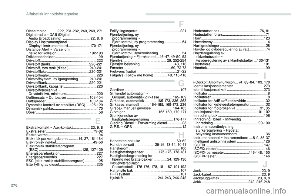 PEUGEOT 5008 2018 Instruksjoner for bruk (in Norwegian) 276
Dieselmotor ...........2 22, 231-232, 240, 269, 271
Digital radio – DAB (Digital Audio Broadcasting)
............................22, 8, 6
Display i
instrumentpanel ~
Display i
instrum PEUGEOT 5008 2018 Instruksjoner for bruk (in Norwegian) 276
Dieselmotor ...........2 22, 231-232, 240, 269, 271
Digital radio – DAB (Digital Audio Broadcasting)
............................22, 8, 6
Display i
instrumentpanel ~
Display i
instrum