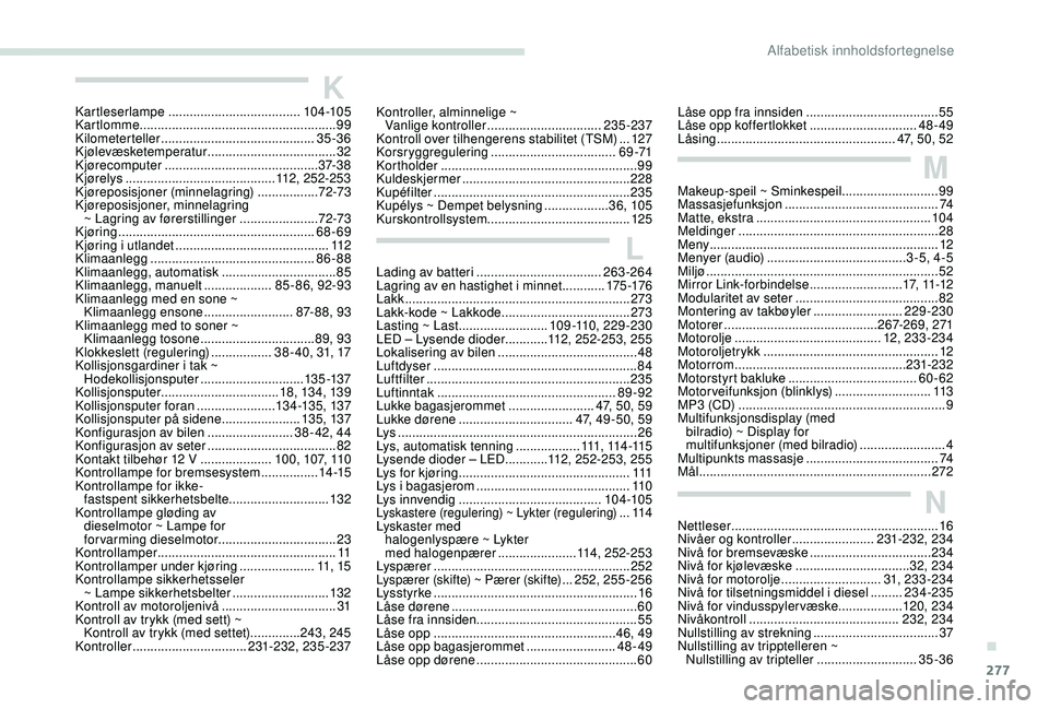 PEUGEOT 5008 2018 Instruksjoner for bruk (in Norwegian) 277
Kartleserlampe ..................................... 104 -105
Kartlomme ....................................................... 99
Kilometerteller
........................................... 3 PEUGEOT 5008 2018 Instruksjoner for bruk (in Norwegian) 277
Kartleserlampe ..................................... 104 -105
Kartlomme ....................................................... 99
Kilometerteller
........................................... 3