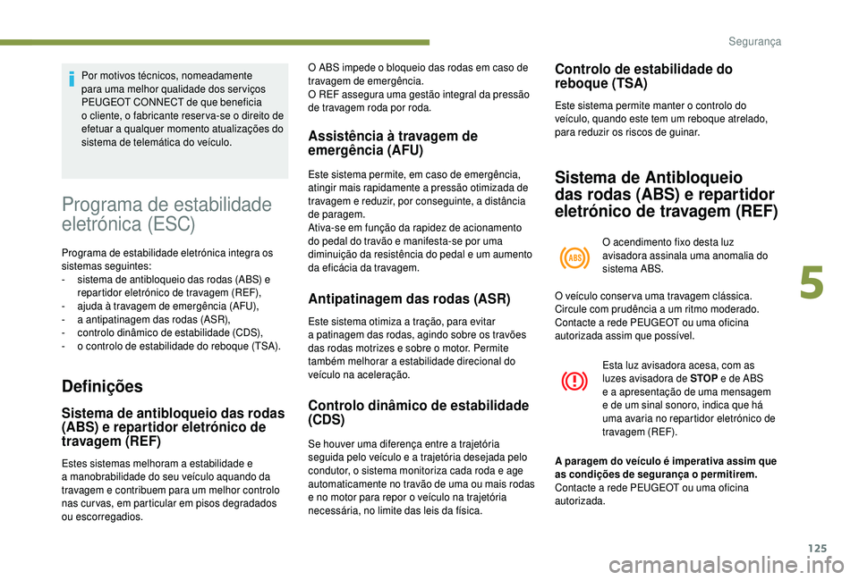 PEUGEOT 5008 2018 Manual de utilização (in Portuguese) 125
Por motivos técnicos, nomeadamente
para uma melhor qualidade dos ser viços
PEUGEOT CONNECT de que beneficia
o cliente, o fabricante reser va-se o direito de
efetuar a
qualquer momento a PEUGEOT 5008 2018 Manual de utilização (in Portuguese) 125
Por motivos técnicos, nomeadamente
para uma melhor qualidade dos ser viços
PEUGEOT CONNECT de que beneficia
o cliente, o fabricante reser va-se o direito de
efetuar a
qualquer momento a