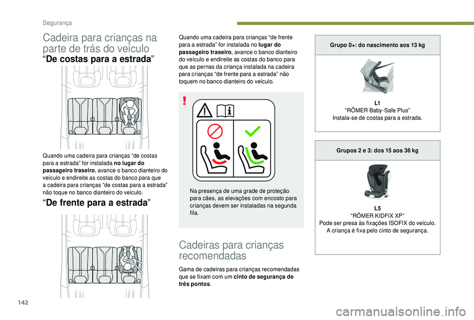 PEUGEOT 5008 2018 Manual de utilização (in Portuguese) 142
Cadeira para crianças na
parte de trás do veículo
“De costas para a estrada”
“ De frente para a
estrada”
Quando uma cadeira para crianças “de frente
para a
estrada” for ins PEUGEOT 5008 2018 Manual de utilização (in Portuguese) 142
Cadeira para crianças na
parte de trás do veículo
“De costas para a estrada”
“ De frente para a
estrada”
Quando uma cadeira para crianças “de frente
para a
estrada” for ins