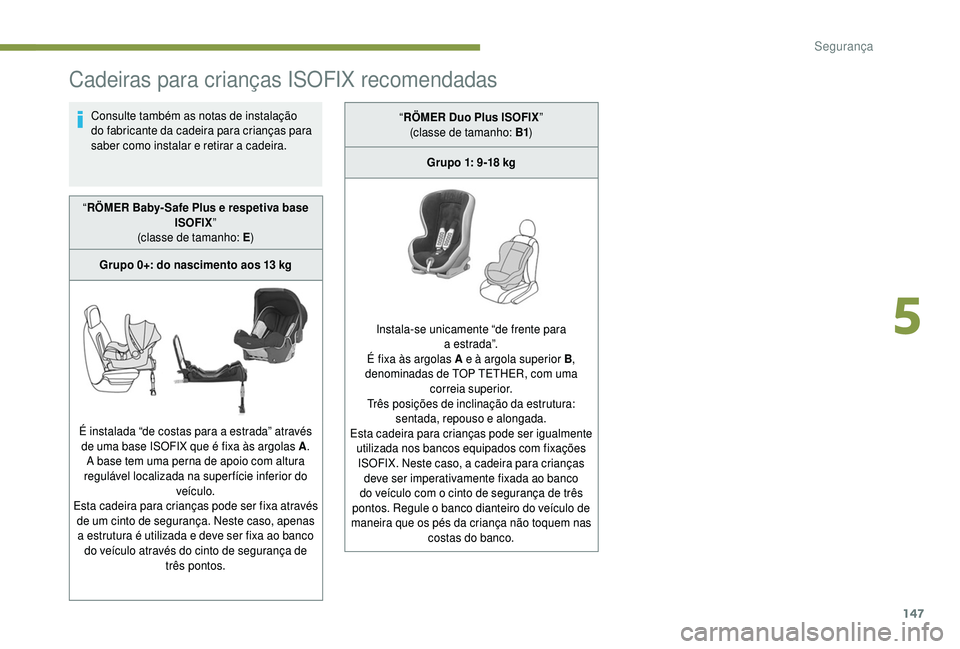 PEUGEOT 5008 2018 Manual de utilização (in Portuguese) 147
Cadeiras para crianças ISOFIX recomendadas
Consulte também as notas de instalação
do fabricante da cadeira para crianças para
saber como instalar e retirar a
cadeira.
“ RÖMER Baby- Saf PEUGEOT 5008 2018 Manual de utilização (in Portuguese) 147
Cadeiras para crianças ISOFIX recomendadas
Consulte também as notas de instalação
do fabricante da cadeira para crianças para
saber como instalar e retirar a
cadeira.
“ RÖMER Baby- Saf