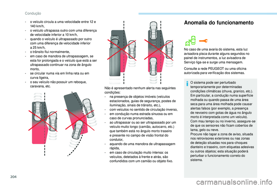 PEUGEOT 5008 2018  Manual de utilização (in Portuguese) 204
Anomalia do funcionamento- o veículo circula a  uma velocidade entre 12   e 
140  km/h,
-
 
o v
 eículo ultrapassa outro com uma diferença 
de velocidade inferior a
  10   km/h,
-
 
q
 uando o 