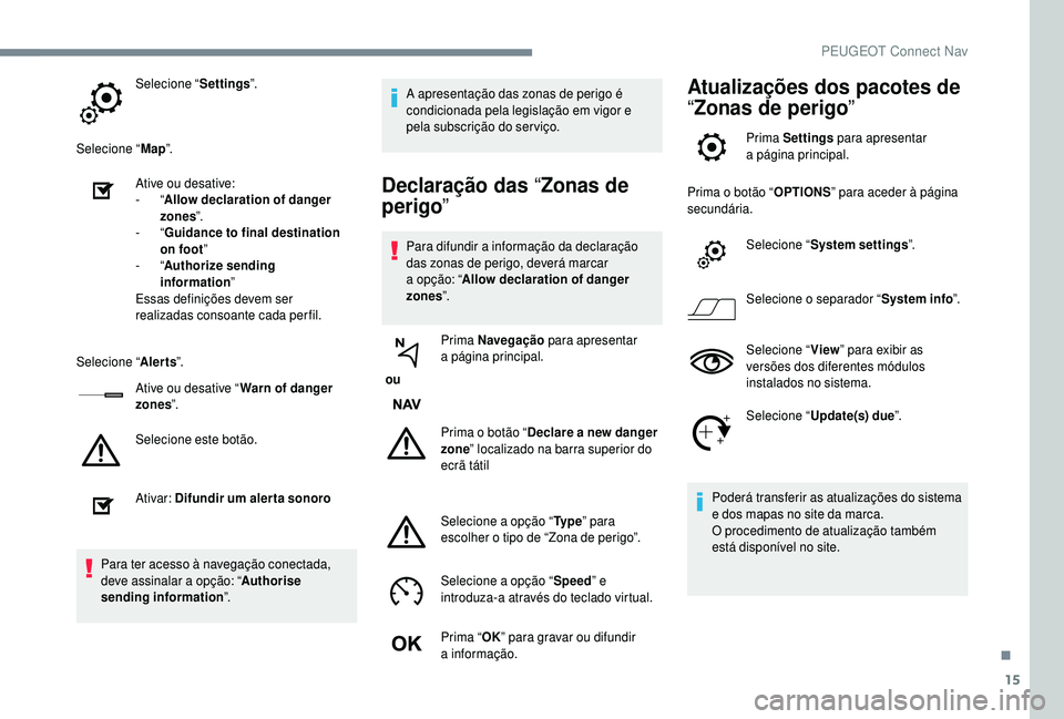PEUGEOT 5008 2018  Manual de utilização (in Portuguese) 15
Selecione “Settings”.
Selecione “ Map”.
Ative ou desative:
-
  “Allow declaration of danger 
zones ”.
-
  “Guidance to final destination 
on foot ”
-
  “Authorize sending 
informa