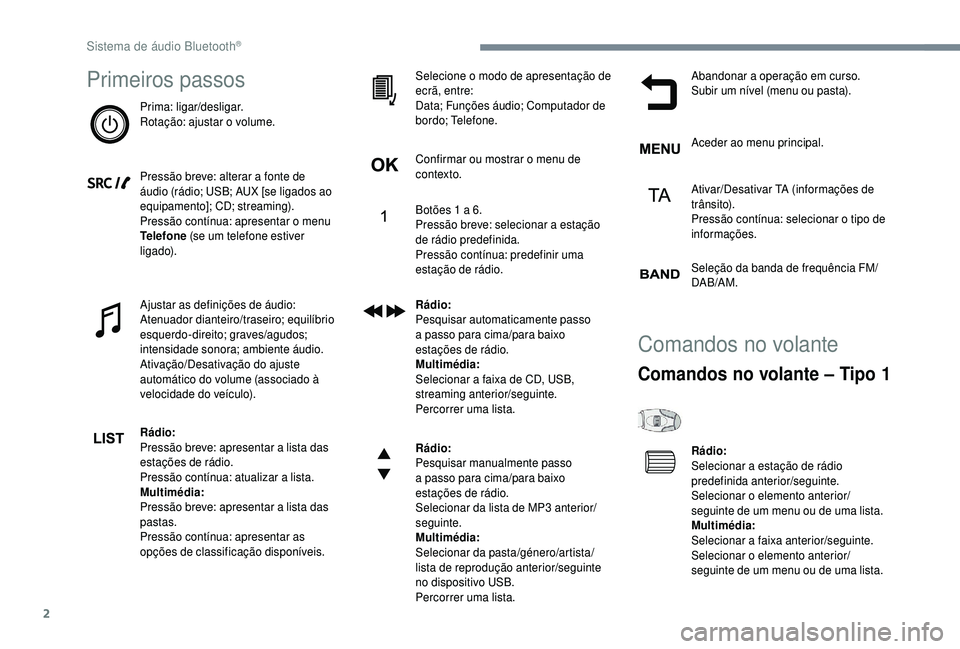 PEUGEOT 5008 2018  Manual de utilização (in Portuguese) 2
Primeiros passos
Prima: ligar/desligar.
Rotação: ajustar o volume.
Pressão breve: alterar a
  fonte de 
áudio (rádio; USB; AUX [se ligados ao 
equipamento]; CD; streaming).
Pressão contínua: 