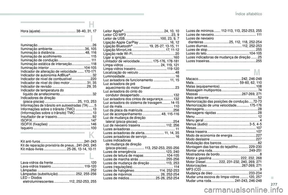 PEUGEOT 5008 2018  Manual de utilização (in Portuguese) 277
Kit anti-furos ............................................... 241-243Kit de reparação provisória de pneus ...241-243, 245
Kit mãos-livres 
........................ 25 -2 6 , 13 -14, 10 -11 Ma