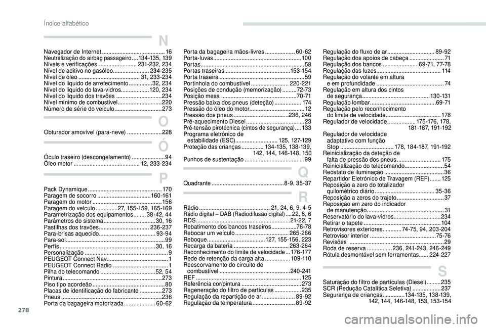 PEUGEOT 5008 2018  Manual de utilização (in Portuguese) 278
Navegador de Internet ........................................ 16Neutralização do airbag passageiro ....134 -13 5, 13 9
Níveis e verificações 
......................... 231-232, 234
Nível de