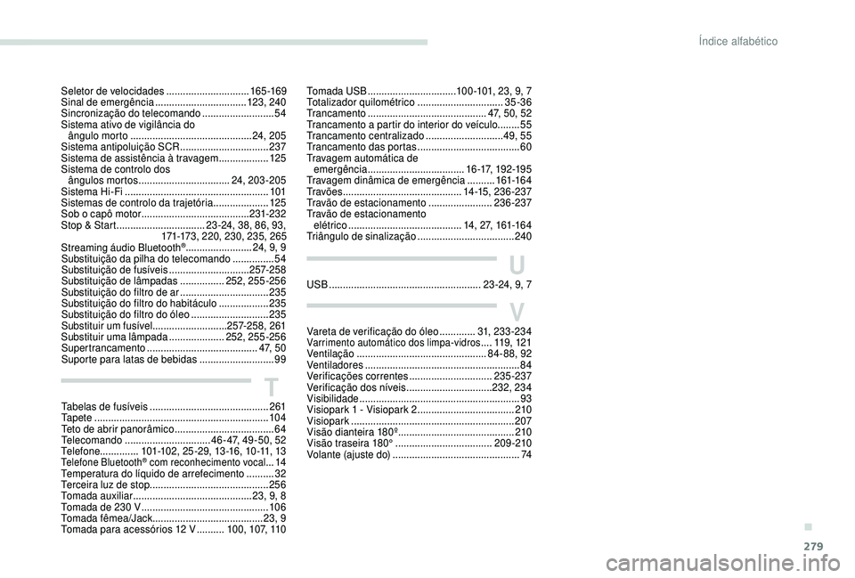 PEUGEOT 5008 2018  Manual de utilização (in Portuguese) 279
Tomada USB ................................ 100 -101, 23, 9, 7
Totalizador quilométrico  ...............................35-36
Trancamento
 ................................

...........47, 50, 52
