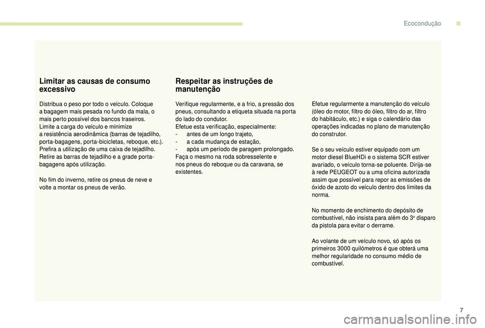 PEUGEOT 5008 2018 Manual de utilização (in Portuguese) 7
Limitar as causas de consumo
excessivo
Distribua o peso por todo o veículo. Coloque
a bagagem mais pesada no fundo da mala, o
mais perto possível dos bancos traseiros.
Limite a
carga do ve PEUGEOT 5008 2018 Manual de utilização (in Portuguese) 7
Limitar as causas de consumo
excessivo
Distribua o peso por todo o veículo. Coloque
a bagagem mais pesada no fundo da mala, o
mais perto possível dos bancos traseiros.
Limite a
carga do ve