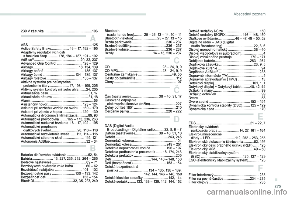 PEUGEOT 5008 2018 Návod na použitie (in Slovakian) 275
230 V zásuvka ..................................................10 6
ABS
........
........................................................... 125
Active Safety Brake ...................16
– PEUGEOT 5008 2018 Návod na použitie (in Slovakian) 275
230 V zásuvka ..................................................10 6
ABS
........
........................................................... 125
Active Safety Brake ...................16
–