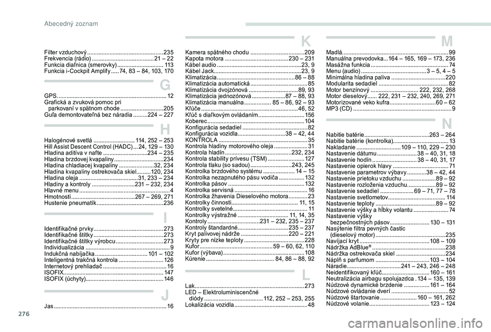 PEUGEOT 5008 2018 Návod na použitie (in Slovakian) 276
Filter vzduchový ................................................235
Frekvencia (rádio) ....................................... 21
– 22
Funkcia diaľnica (smerovky)
.................... PEUGEOT 5008 2018 Návod na použitie (in Slovakian) 276
Filter vzduchový ................................................235
Frekvencia (rádio) ....................................... 21
– 22
Funkcia diaľnica (smerovky)
....................