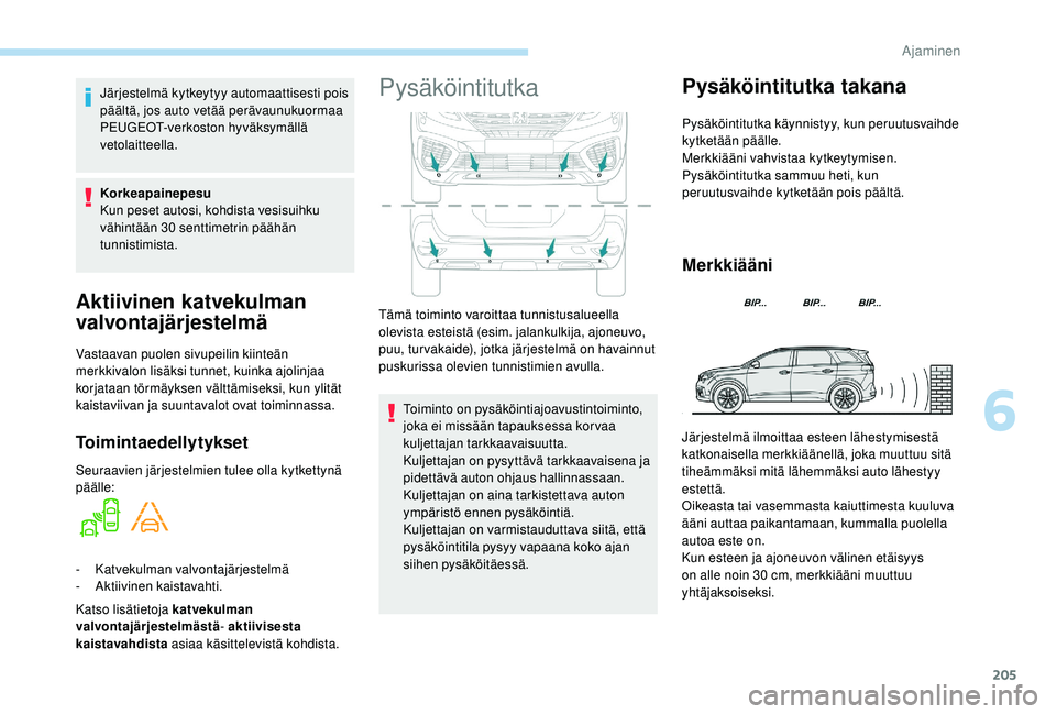 PEUGEOT 5008 2018 Omistajan Käsikirja (in Finnish) 205
Aktiivinen katvekulman
valvontajärjestelmä
Vastaavan puolen sivupeilin kiinteän
merkkivalon lisäksi tunnet, kuinka ajolinjaa
korjataan törmäyksen välttämiseksi, kun ylität
kaistaviiva PEUGEOT 5008 2018 Omistajan Käsikirja (in Finnish) 205
Aktiivinen katvekulman
valvontajärjestelmä
Vastaavan puolen sivupeilin kiinteän
merkkivalon lisäksi tunnet, kuinka ajolinjaa
korjataan törmäyksen välttämiseksi, kun ylität
kaistaviiva