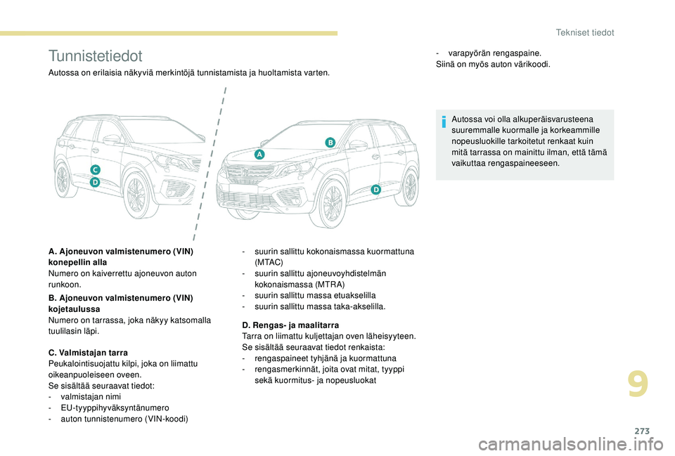 PEUGEOT 5008 2018 Omistajan Käsikirja (in Finnish) 273
Tunnistetiedot
Autossa on erilaisia näkyviä merkintöjä tunnistamista ja huoltamista varten.
A. Ajoneuvon valmistenumero (VIN)
konepellin alla
Numero on kaiverrettu ajoneuvon auton
runkoon.
B PEUGEOT 5008 2018 Omistajan Käsikirja (in Finnish) 273
Tunnistetiedot
Autossa on erilaisia näkyviä merkintöjä tunnistamista ja huoltamista varten.
A. Ajoneuvon valmistenumero (VIN)
konepellin alla
Numero on kaiverrettu ajoneuvon auton
runkoon.
B