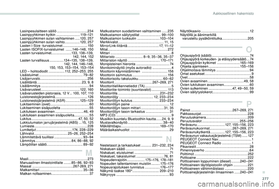 PEUGEOT 5008 2018  Omistajan Käsikirja (in Finnish) 277
Lasinpesulaitteen säiliö ................................23 4
Lasinpyyhkimen kytkin  .........................11 9 –12 1
Lasinpyyhkimen sulan vaihtaminen
 

.....120, 257
Lasinpyyhkimen sulan 