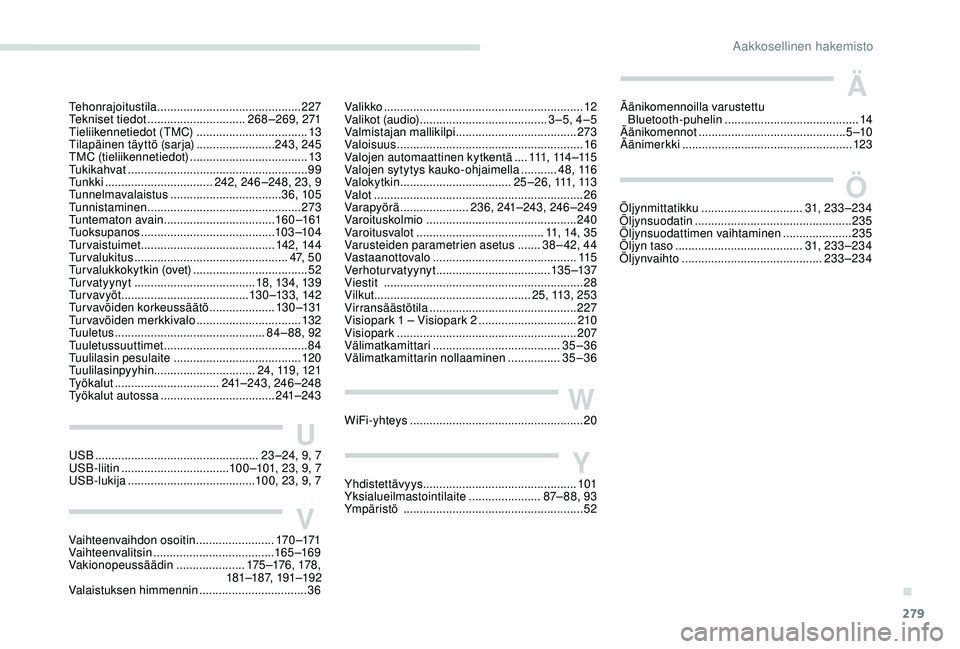 PEUGEOT 5008 2018  Omistajan Käsikirja (in Finnish) 279
Tehonrajoitustila ............................................ 227
Tekniset tiedot  .............................. 268–269, 271
Tieliikennetiedot (TMC)
 

..................................13
Ti