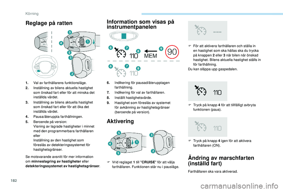 PEUGEOT 5008 2018 Bruksanvisningar (in Swedish) 182
Reglage på ratten
Se motsvarande avsnitt för mer information
om minneslagring av hastigheter eller
detekteringssystemet av hastighetsgränser.
Information som visas på
instrumentpanelen
Akti PEUGEOT 5008 2018 Bruksanvisningar (in Swedish) 182
Reglage på ratten
Se motsvarande avsnitt för mer information
om minneslagring av hastigheter eller
detekteringssystemet av hastighetsgränser.
Information som visas på
instrumentpanelen
Akti