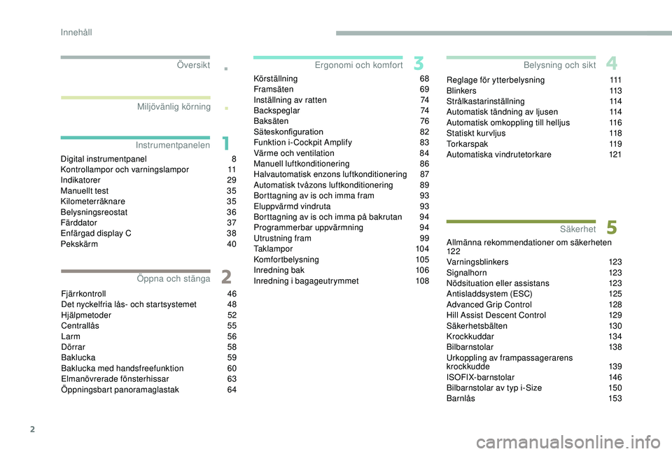 PEUGEOT 5008 2018  Bruksanvisningar (in Swedish) 2
.
.
Digital instrumentpanel 8
K ontrollampor och varningslampor 1 1
Indikatorer
 

29
Manuellt test
 
3
 5
Kilometerräknare
 3

5
Belysningsreostat
 

36
Färddator
 

37
Enfärgad display C
 
3
 8