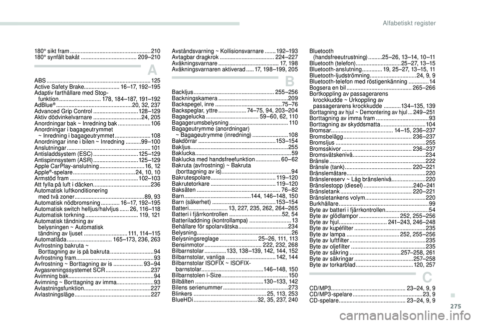 PEUGEOT 5008 2018 Bruksanvisningar (in Swedish) 275
180° sikt fram ....................................................2 10
180° synfält bakåt ................................ ....209 –210
ABS
........
...................................... PEUGEOT 5008 2018 Bruksanvisningar (in Swedish) 275
180° sikt fram ....................................................2 10
180° synfält bakåt ................................ ....209 –210
ABS
........
......................................