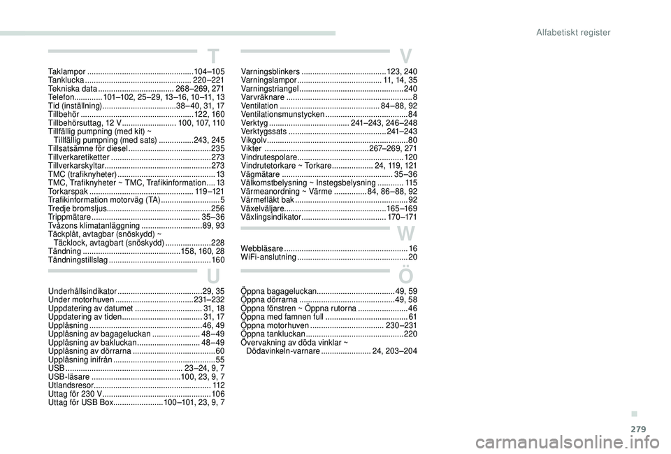 PEUGEOT 5008 2018 Bruksanvisningar (in Swedish) 279
Underhållsindikator ....................................... 29, 35
Under motorhuven .................................... 2
31–232
Uppdatering av datumet
...............................31, 18 PEUGEOT 5008 2018 Bruksanvisningar (in Swedish) 279
Underhållsindikator ....................................... 29, 35
Under motorhuven .................................... 2
31–232
Uppdatering av datumet
...............................31, 18