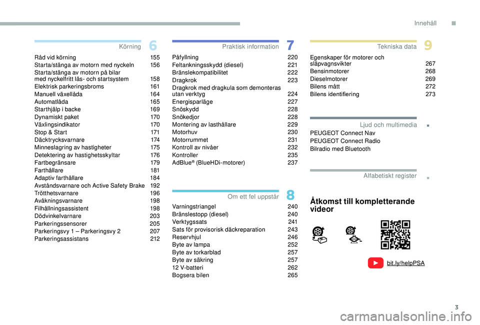 PEUGEOT 5008 2018  Bruksanvisningar (in Swedish) 3
.
bit.ly/helpPSA
.
Råd vid körning 155
Starta/stänga av motorn med nyckeln  1 56
Starta/stänga av motorn på bilar  
med nyckelfritt lås- och startsystem
 
1
 58
Elektrisk parkeringsbroms
 1

6