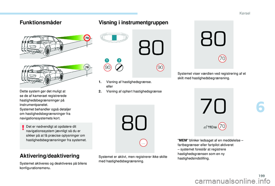PEUGEOT 5008 2017  Brugsanvisning (in Danish) 199
Funktionsmåder
Det er nødvendigt at opdatere dit 
navigationssystem jævnligt så du er 
sikker på at få præcise oplysninger om 
hastighedsbegrænsninger fra systemet.
Aktivering/deaktivering