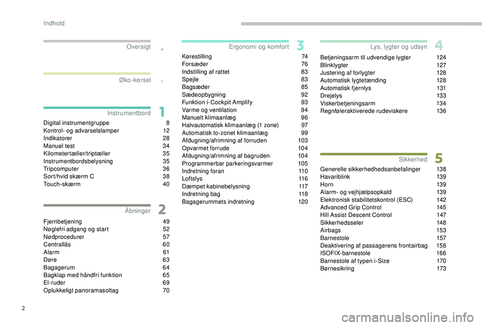 PEUGEOT 5008 2017  Brugsanvisning (in Danish) 2
.
.
Digital instrumentgruppe 8
K ontrol- og advarselslamper 1 2
Indikatorer
 2

8
Manuel test
 
3
 4
Kilometertæller/triptæller
 3

5
Instrumentbordsbelysning
 

35
Tripcomputer
 

36
Sort /hvid s