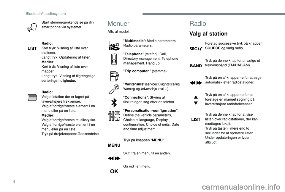 PEUGEOT 5008 2017  Brugsanvisning (in Danish) 4
Start stemmegenkendelse på din 
smartphone via systemet.
Radio:
Kort tryk: Visning af liste over 
stationer.
Langt tryk: Opdatering af listen.
Medier:
Kort tryk: Visning af liste over 
mapper.
Lang