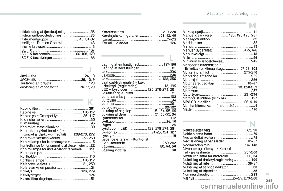 PEUGEOT 5008 2017  Brugsanvisning (in Danish) 299
Kabinefilter .................................................... 261
Kabinelys  ................................................ 11 6 -117
Kabinelys ~ Dæmpet lys
  .........................3 5 ,